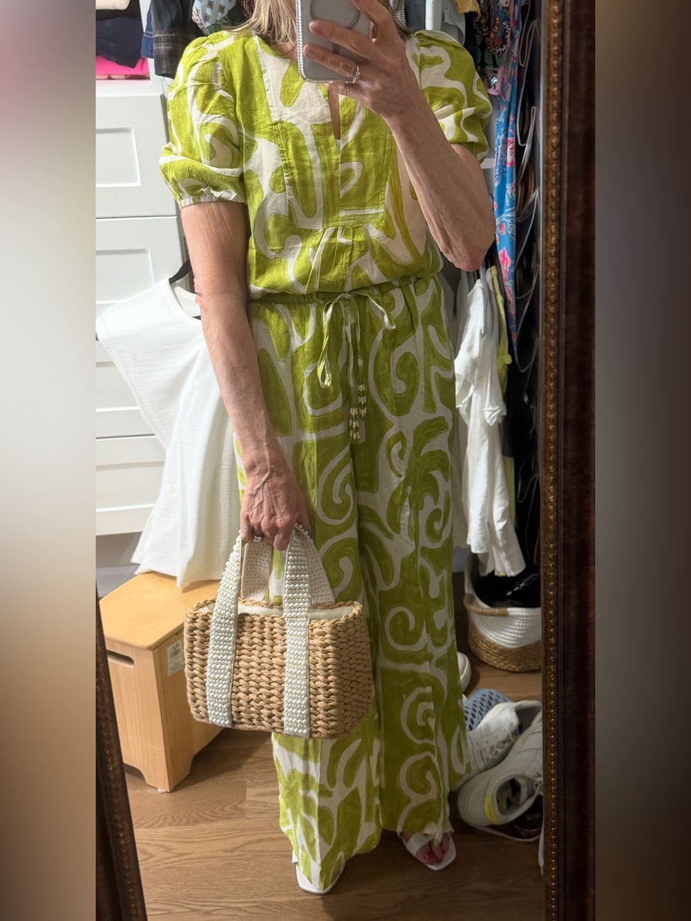 Linen Blend Lime Swirl Wide-Leg Jumpsuit